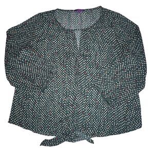 West Kei Blouse Womens XXL Green Polka Dots Keyhole Tie Front Boho Academic Top